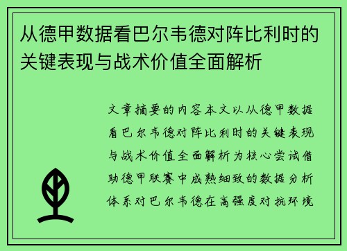从德甲数据看巴尔韦德对阵比利时的关键表现与战术价值全面解析 从德甲数据看巴尔韦德对阵比利时的关键表现与战术价值全面解析