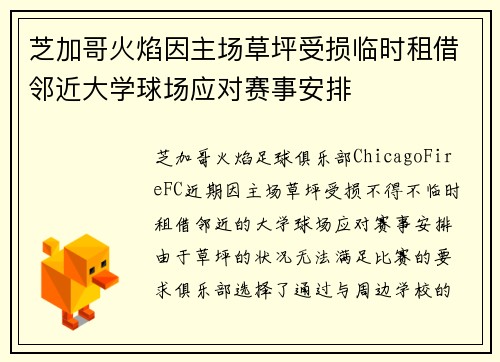 芝加哥火焰因主场草坪受损临时租借邻近大学球场应对赛事安排 芝加哥火焰因主场草坪受损临时租借邻近大学球场应对赛事安排